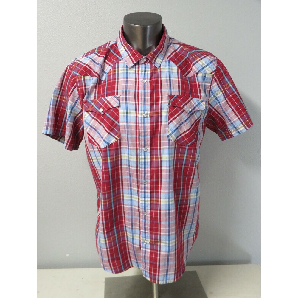 Levis Pearl Snap Button Front Long Sleeve Western Shirt Blue White Plaid Size XL